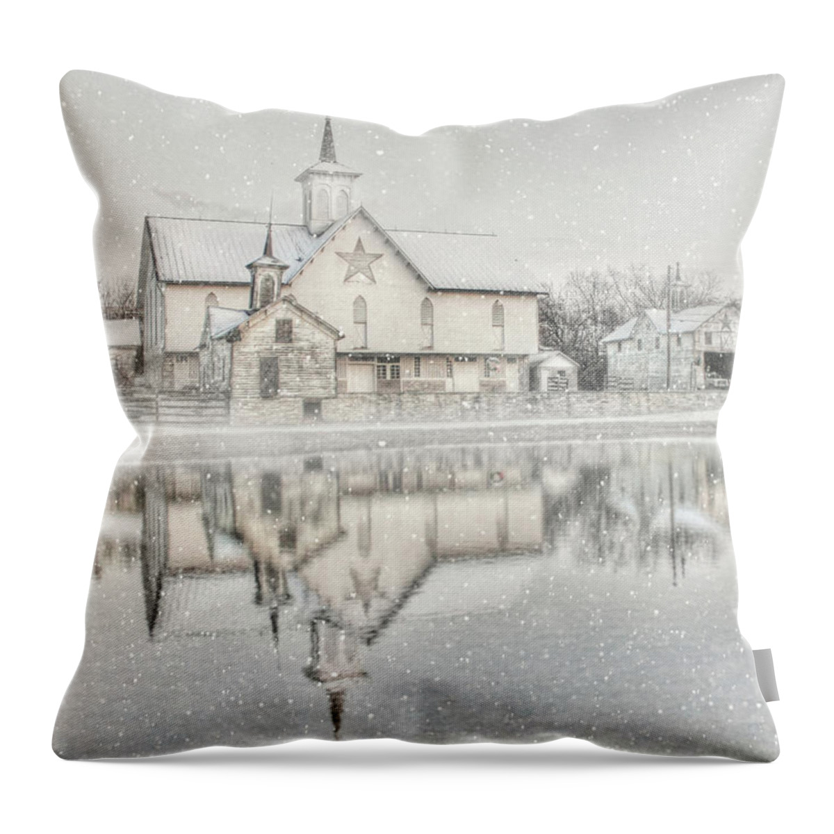 Christmas Throw Pillow featuring the photograph Snowy Star Barn by Lori Deiter