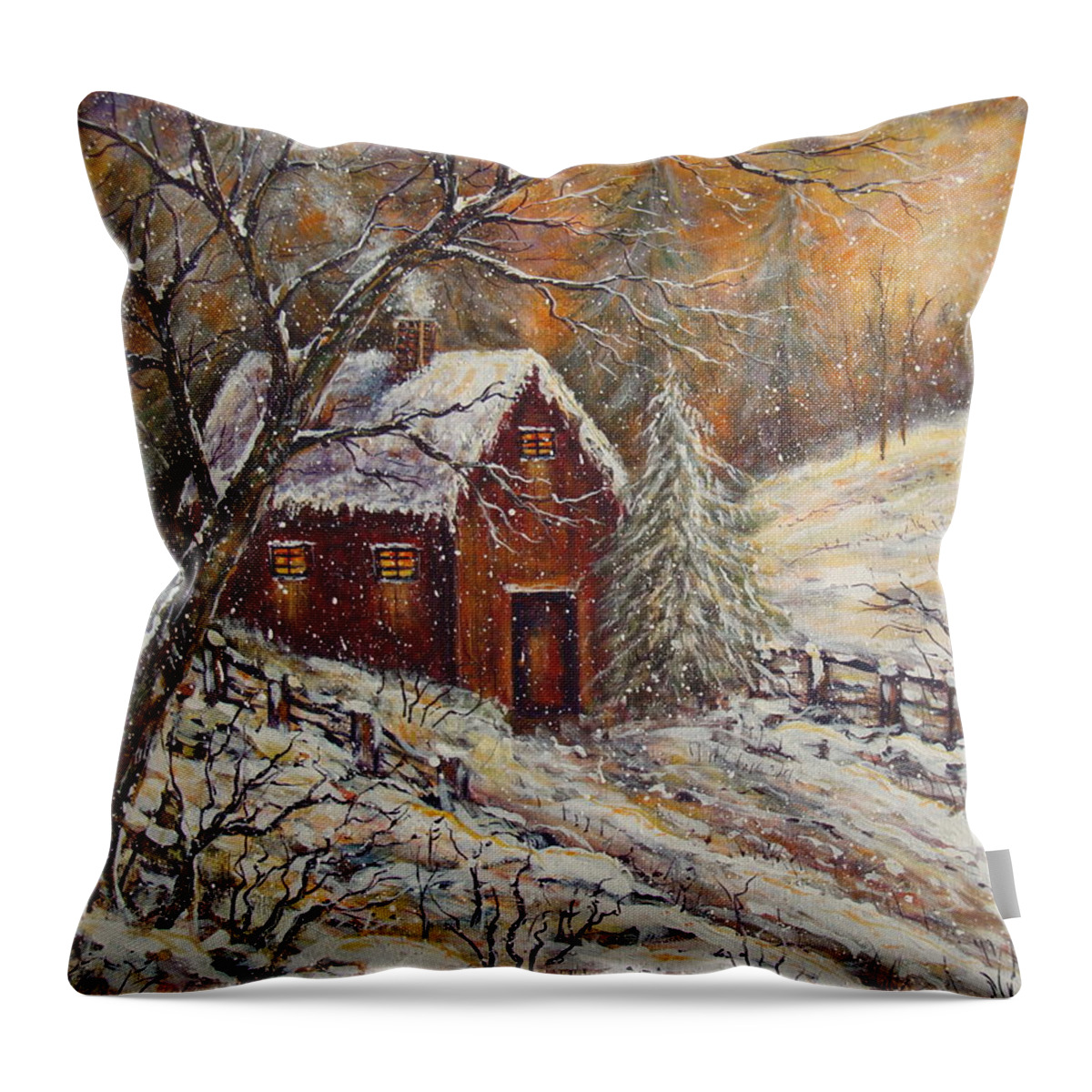 Landscape Throw Pillow featuring the painting Snowy Sunset by Natalie Holland