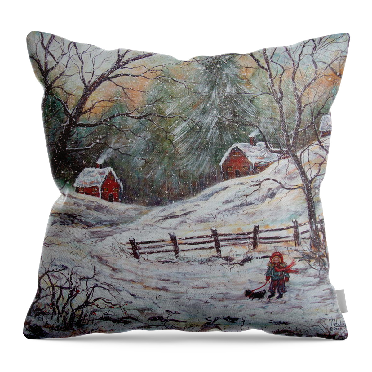 Landscape Throw Pillow featuring the painting Snowy Walk. by Natalie Holland