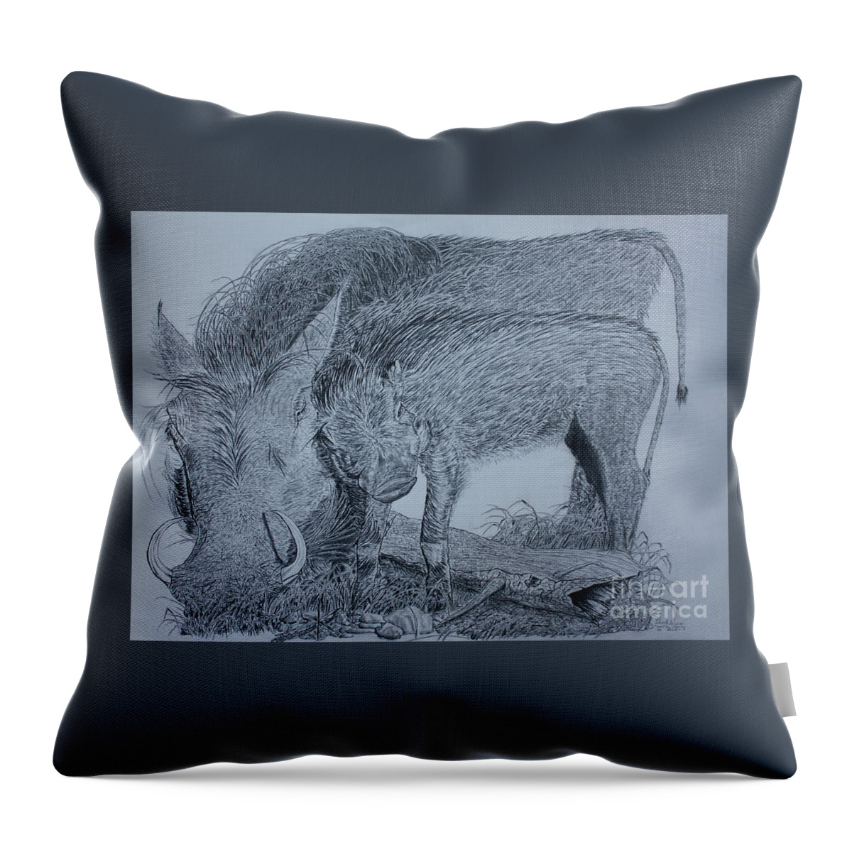 Warthog Throw Pillow featuring the drawing Snuggle by David Joyner