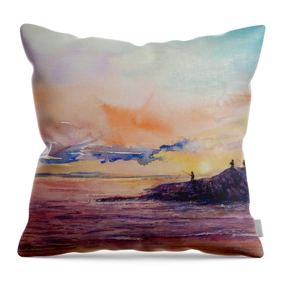 Fishing Throw Pillow featuring the painting Soaking Bait - Oahu by Cheryl Prather