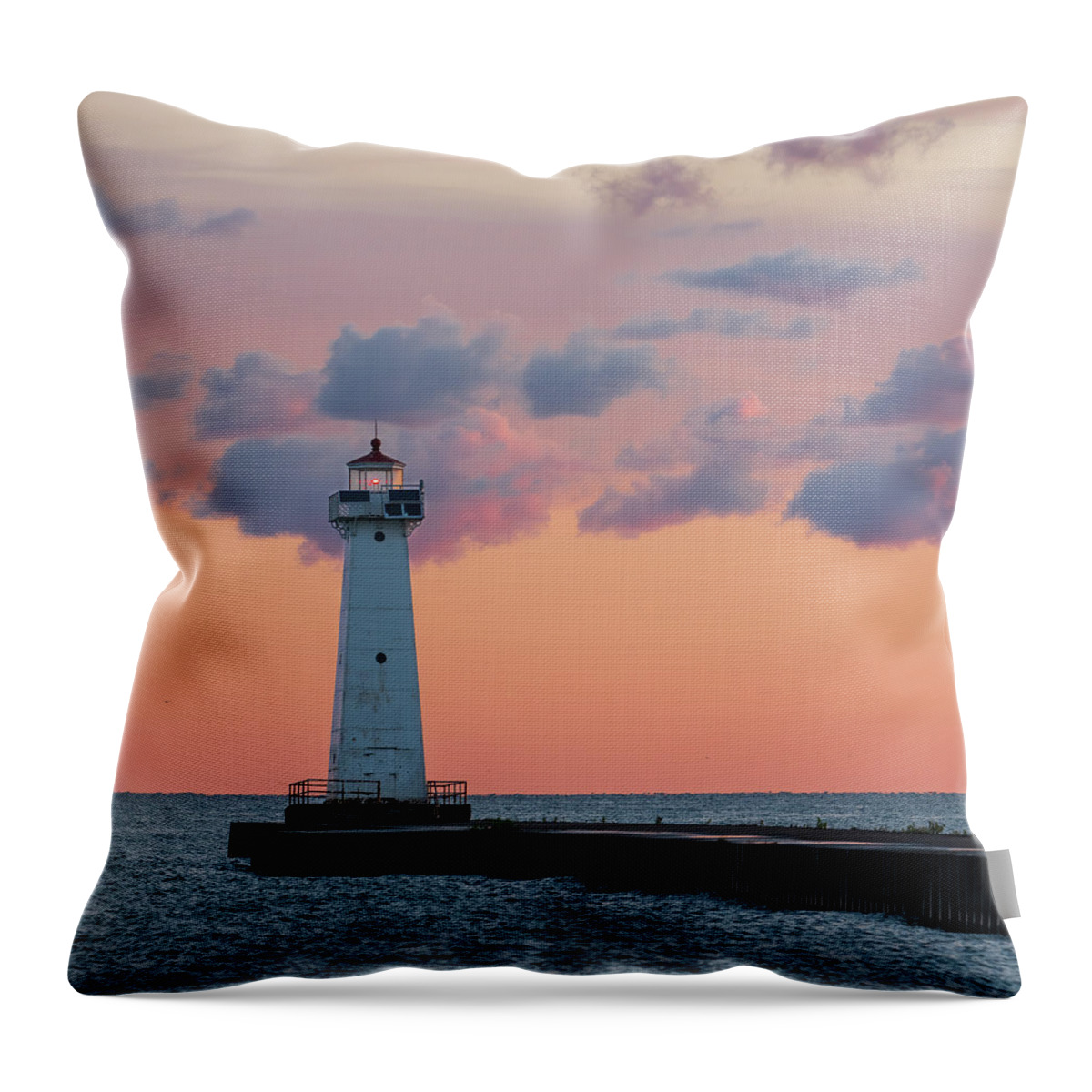 America Throw Pillow featuring the photograph Sodus Bay Lighthouse at dawn. by Kyle Lee