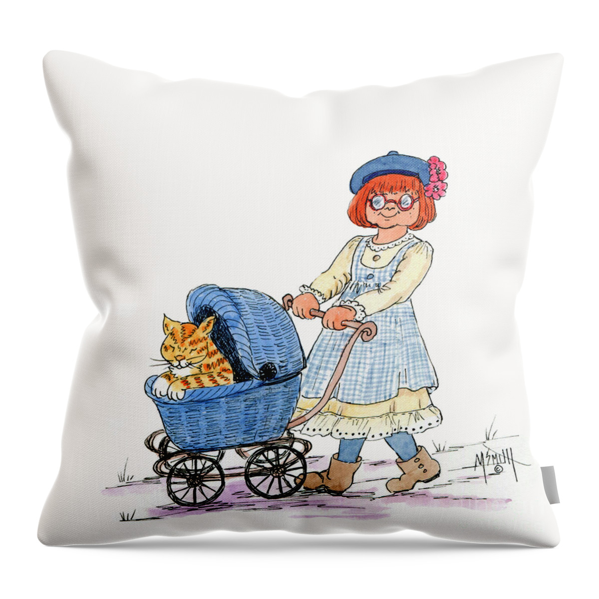 Children's Art Throw Pillow featuring the drawing Sofie's Doll Carriage by Marilyn Smith