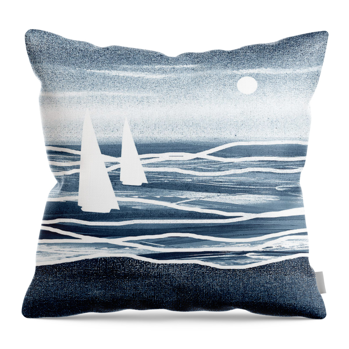 Beach Art Throw Pillow featuring the painting Soft Blue Sunset Sailboat At The Ocean Shore Seascape Painting Beach House Watercolor V by Irina Sztukowski
