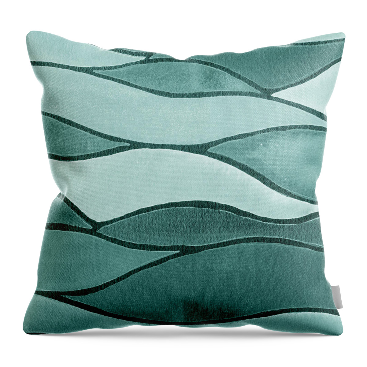 Teal Waves Throw Pillow featuring the painting Soft Gentle Teal Blue Monochrome Watercolor Waves Decor by Irina Sztukowski