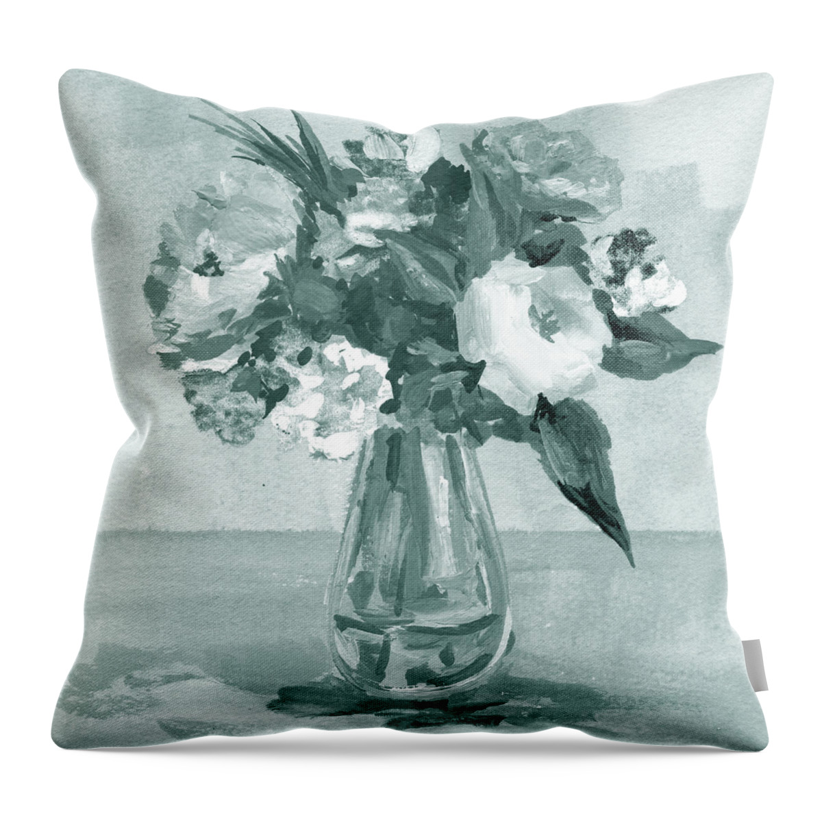 Flowers Throw Pillow featuring the painting Soft Vintage Teal Gray Flowers Bouquet Summer Floral Impressionism I by Irina Sztukowski