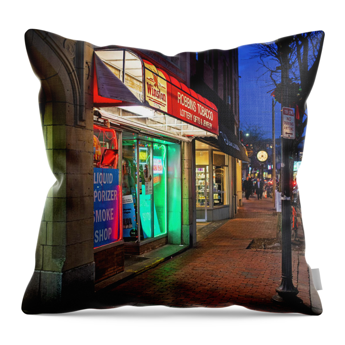 Somerville Throw Pillow featuring the photograph Somerville Massachusetts Davis Square Robbins Tobacco Elm Street by Toby McGuire