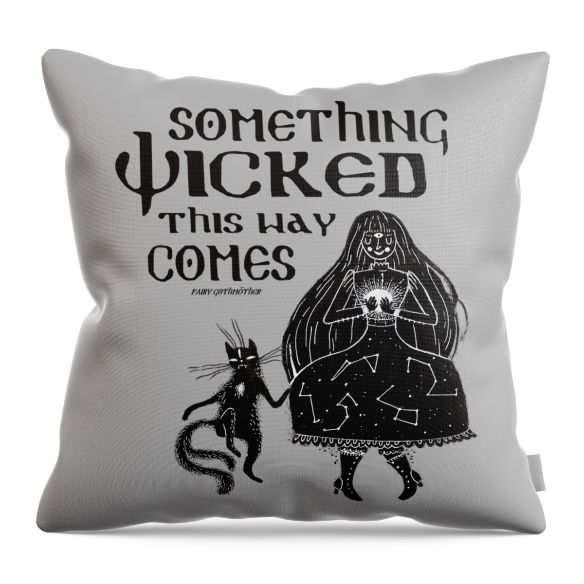 Something Wicked This Way Comes Throw Pillow featuring the digital art Something Wicked This Way Comes with Crystal Ball and Kitty by Jennifer Preston
