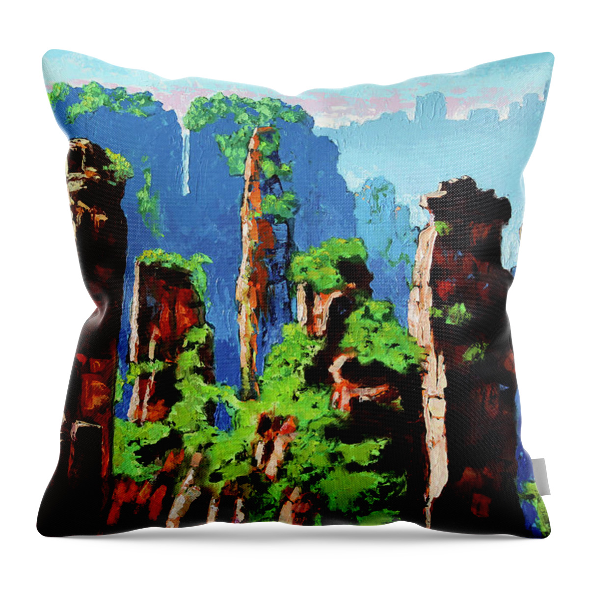 Mountains Throw Pillow featuring the painting Somewhere in China's Mountains by John Lautermilch