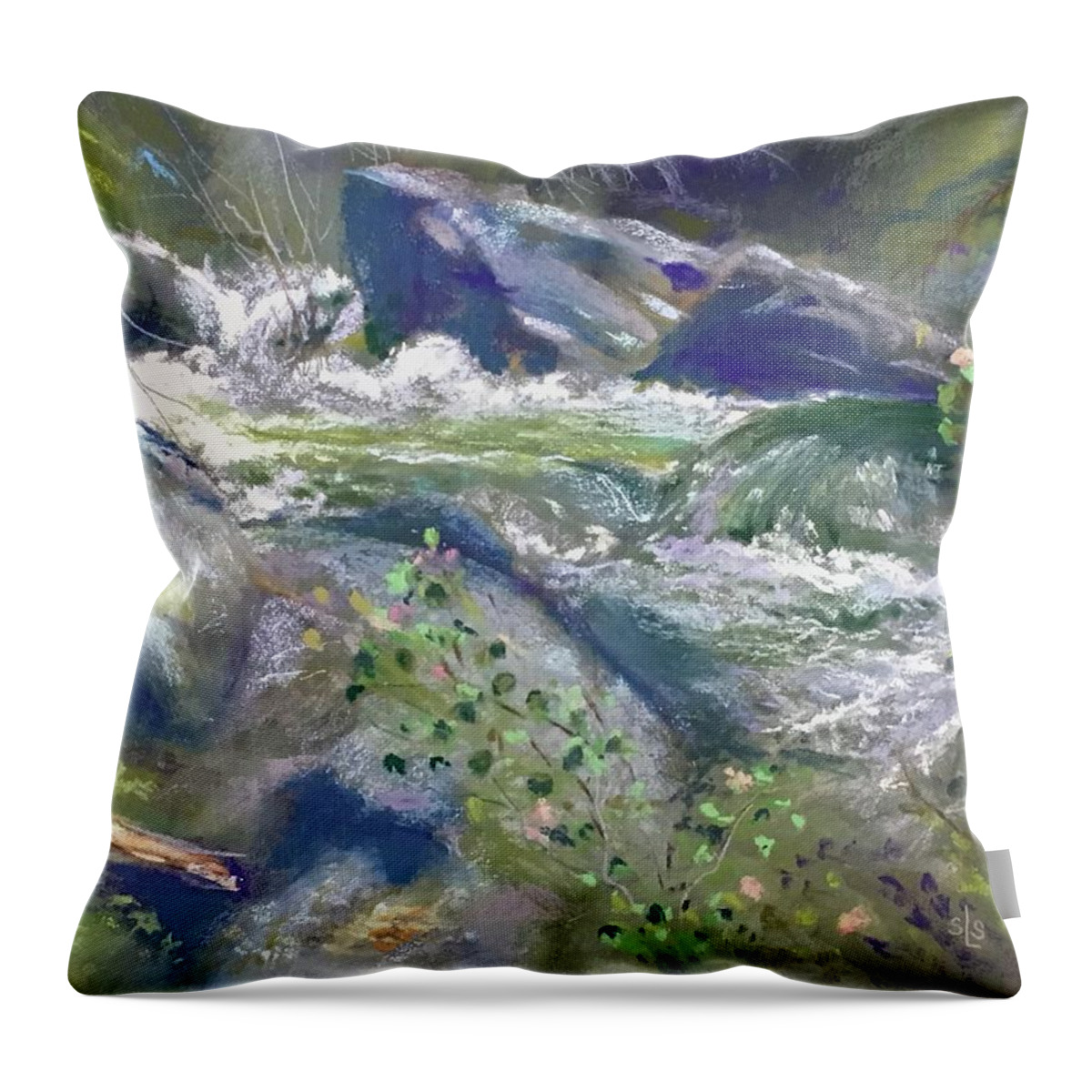 Rushing Water Throw Pillow featuring the pastel Song of Spring by Sandra Lee Scott
