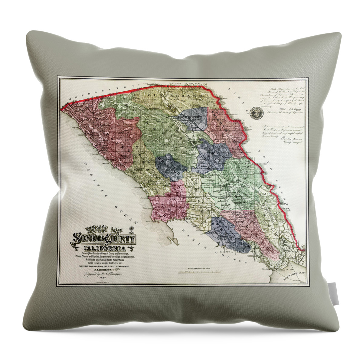 Sonoma County Throw Pillow featuring the photograph Sonoma County California Vintage Map 1884 by Carol Japp