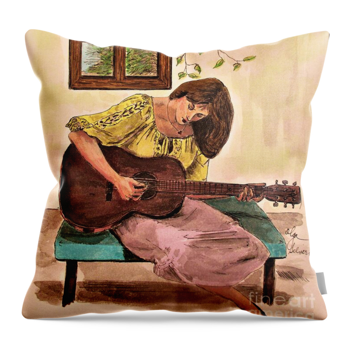 Guitars Throw Pillow featuring the drawing Soothing Sounds With a Guitar by Olga Silverman