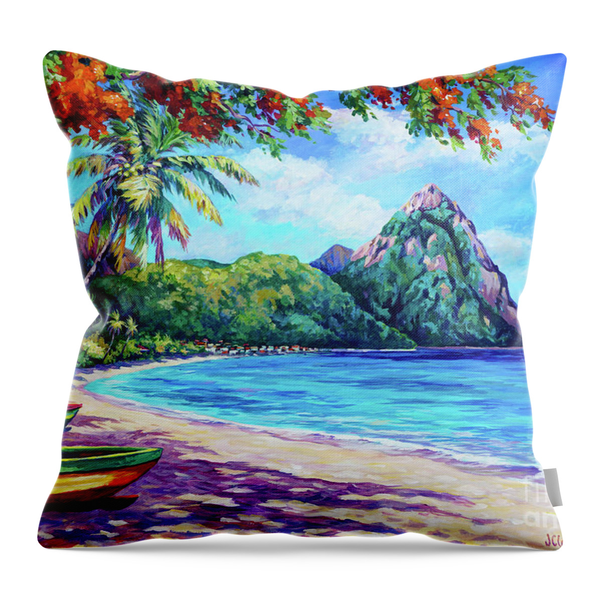 Soufriere Throw Pillow featuring the painting Soufriere Bay St Lucia by John Clark