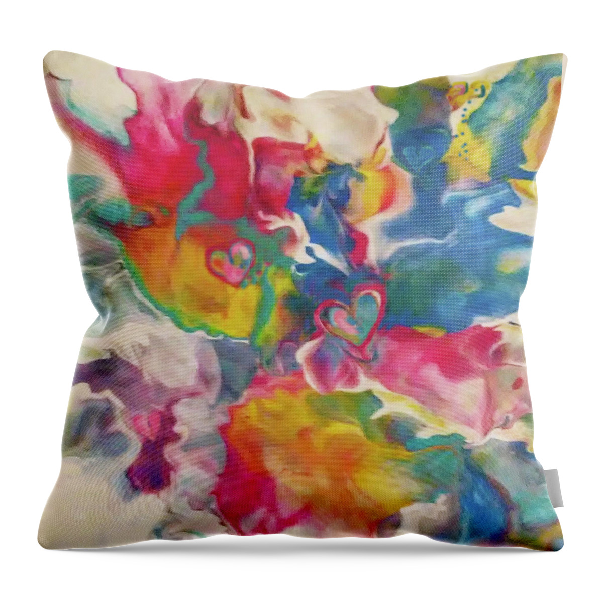 Colorful Abstract Acrylic Hearts Throw Pillow featuring the painting Sound Of Sun by Deborah Erlandson