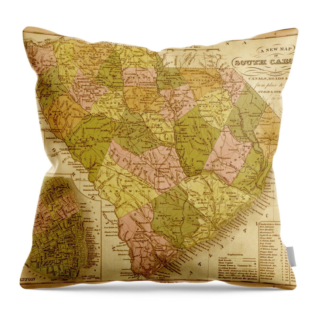 South Carolina Throw Pillow featuring the drawing South Carolina 1844 by Vintage Maps