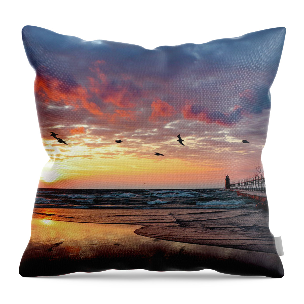 Sunset Throw Pillow featuring the photograph South Haven Beach Sunset by David T Wilkinson