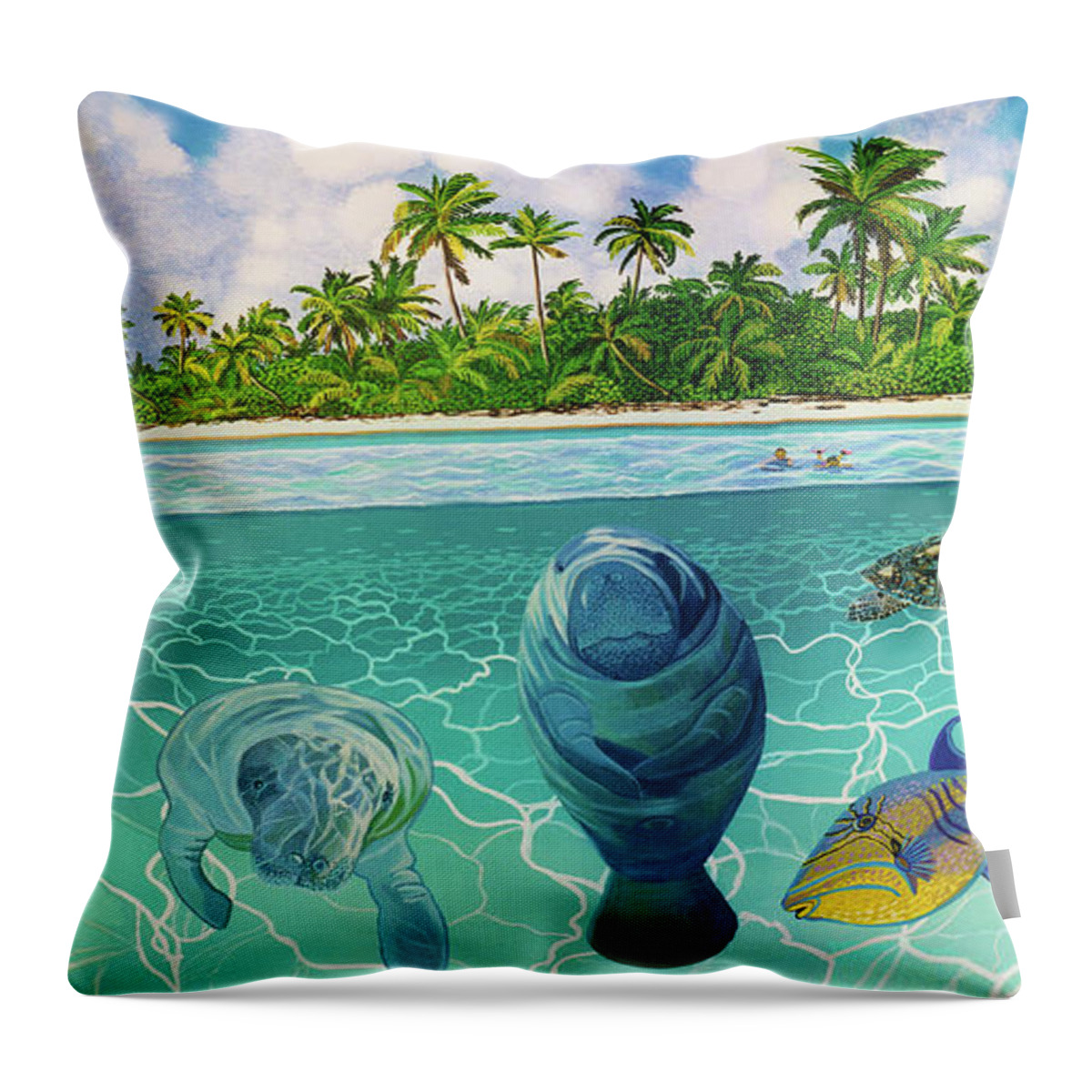 South Pacific Islands Throw Pillow featuring the painting South Pacific Paradise with Sea Turtles Towel Version by Bonnie Siracusa