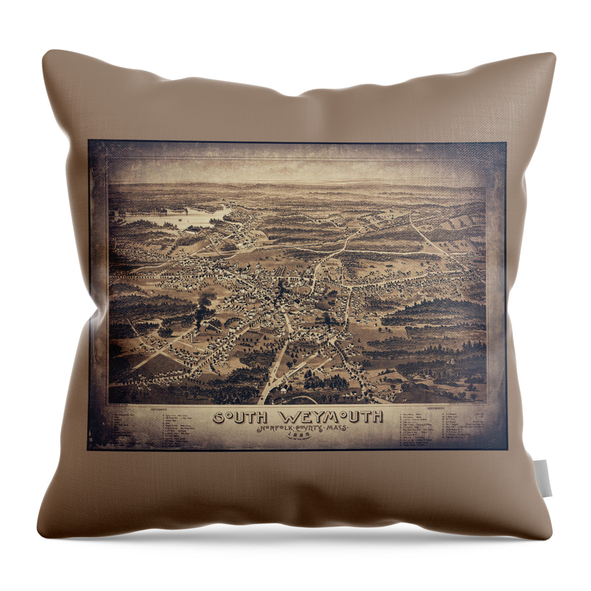 South Weymouth Throw Pillow featuring the photograph South Weymouth Massachusetts Vintage Map Birds Eye View 1885 Sepia by Carol Japp