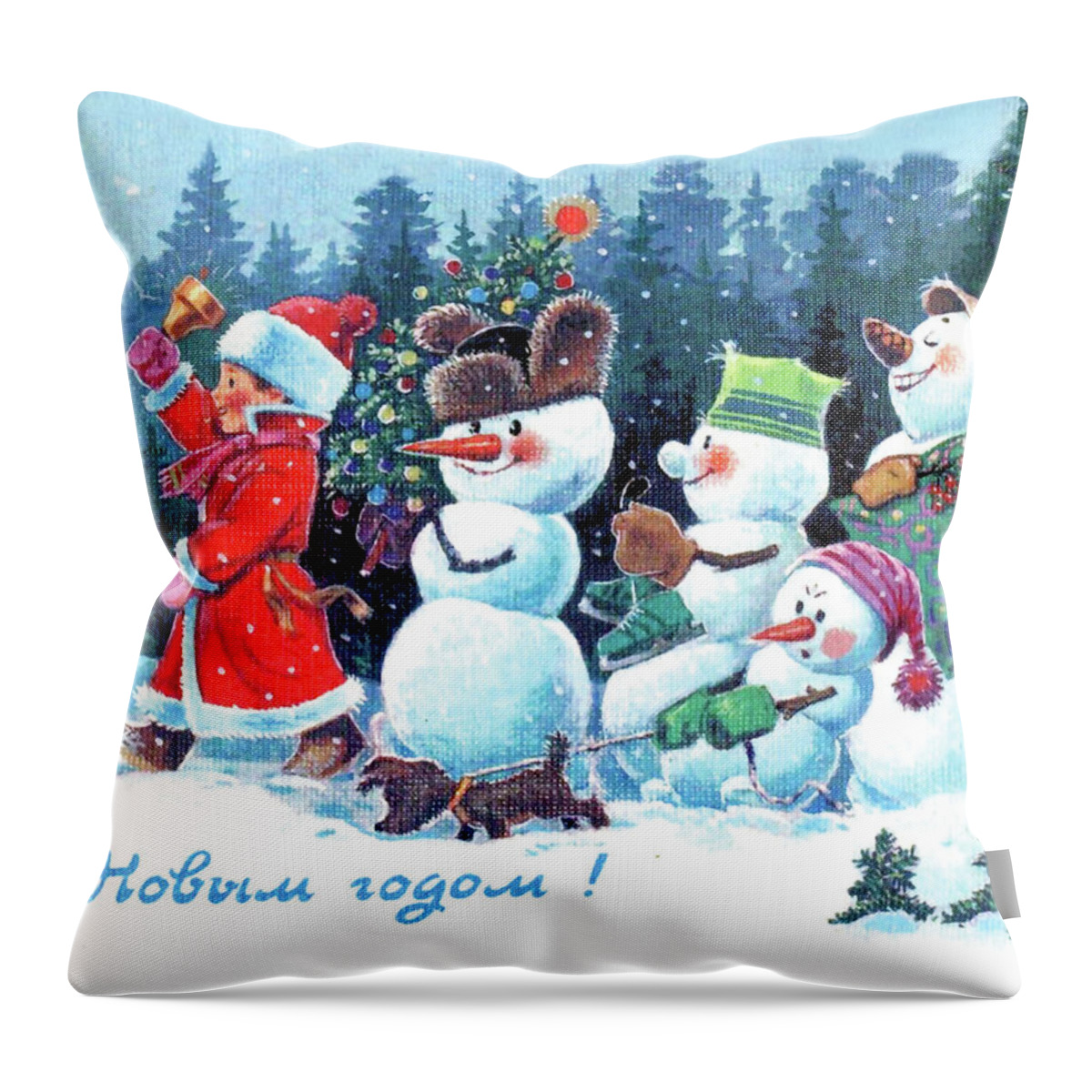 Soviet Throw Pillow featuring the digital art Soviet Snowmen Parade by Long Shot