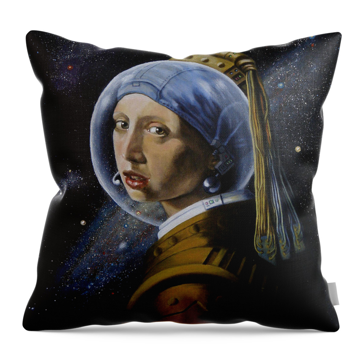Astronaut Throw Pillow featuring the painting Space Girl with Pearl Earpiece, after Vermeer by Ken Kvamme