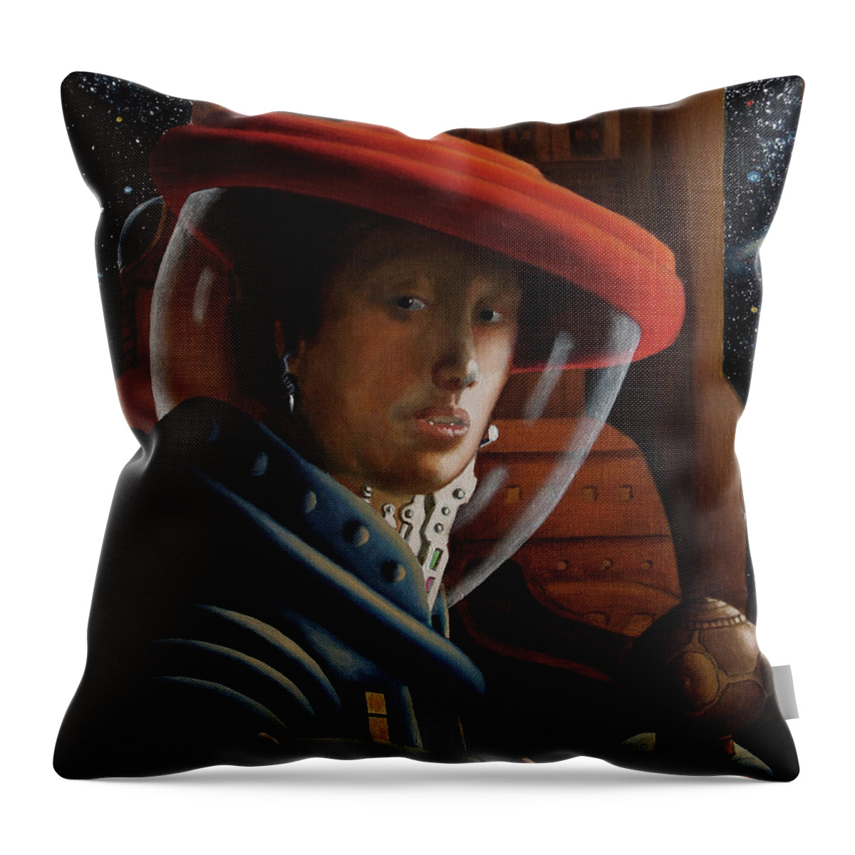 Astronaut Throw Pillow featuring the painting Spacegirl with Red Helmet - after Vermeer by Ken Kvamme