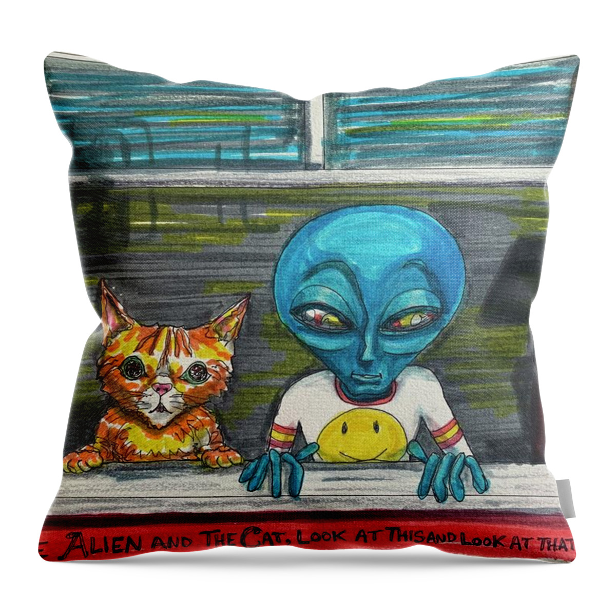 Cat Throw Pillow featuring the drawing Spectators by Similar Alien