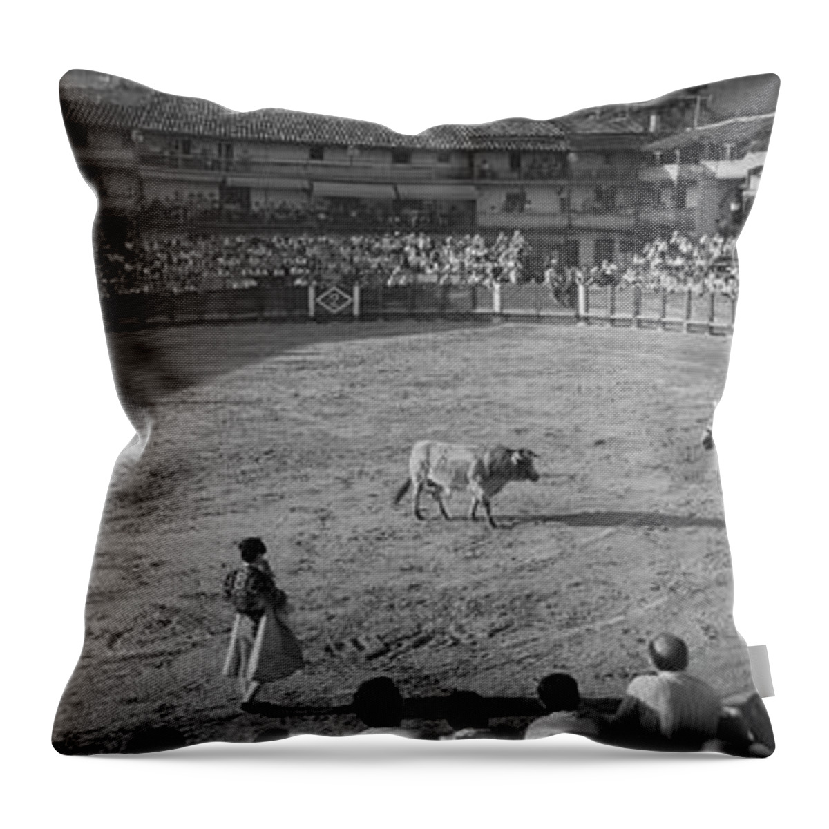 Bull Bullfight Bullfighter Conflict Confrontation Crowd Danger Determination Excitement Horse Matador Mediterranean Countries Riding Shadow Spain Spanish Culture Sports Strength Traditional Culture Travel Destinations Two Animals Vitality Anticipation Arena Bullring Corrida De Toros Day Entertainment Expertise Fun High Angle View Horizontal National Sport Outdoors Panoramic Photography Plaza De Toros Professional Risk Skill Spectacle Spectator Traditional Clothing Stadium Black And White Image Throw Pillow featuring the photograph Spectators watching bullfighting in a stadium, Spain by Panoramic Images