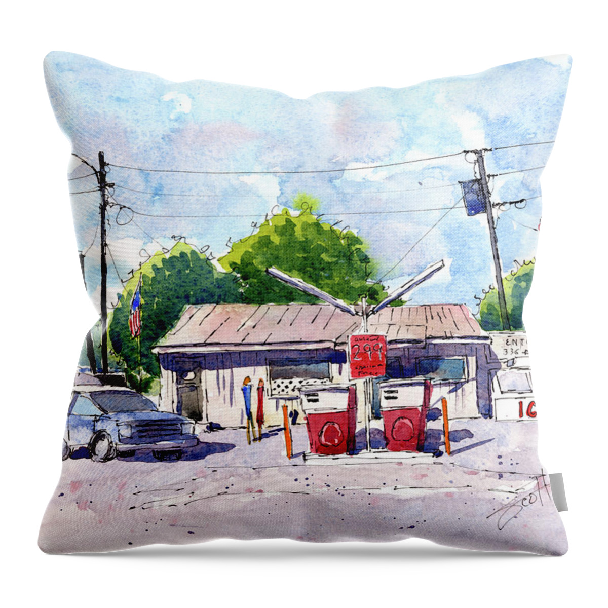 Watercolor Throw Pillow featuring the painting Speegle's Marina by Scott Brown