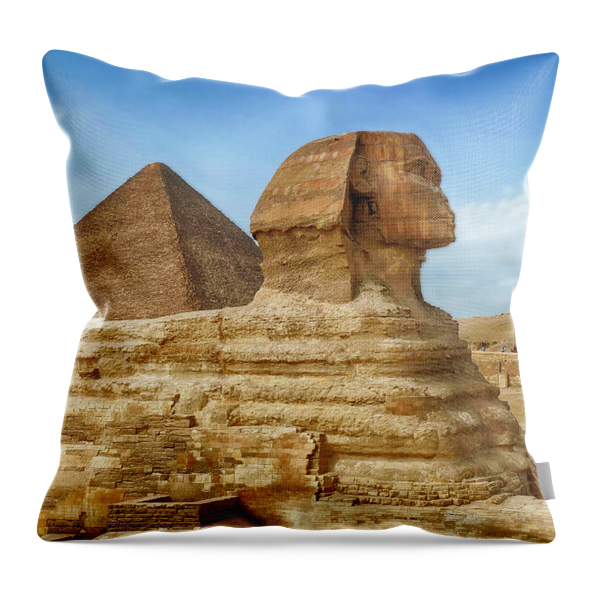 Cheops Throw Pillow featuring the photograph Sphinx and the Great pyramid of Khufu by Steve Estvanik