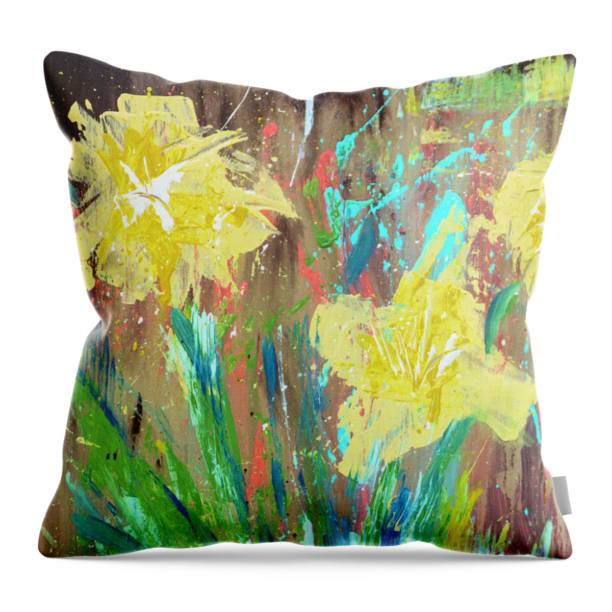 Bohemian Throw Pillow featuring the painting Sping Daffodil Yellow Floral Abstract by Joanne Herrmann