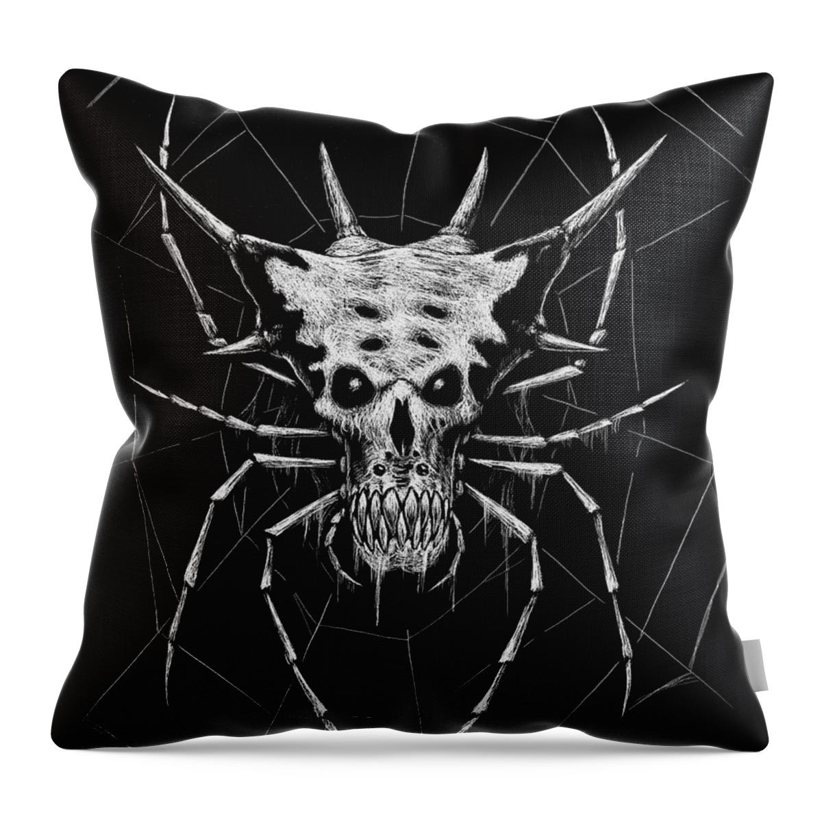 Spinny Throw Pillow featuring the drawing Spinny Spider Skull by Stanley Morrison