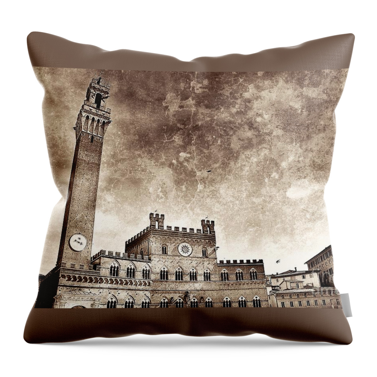 Siena Throw Pillow featuring the photograph Splendid Torre del Mangia in Sepia by Ramona Matei
