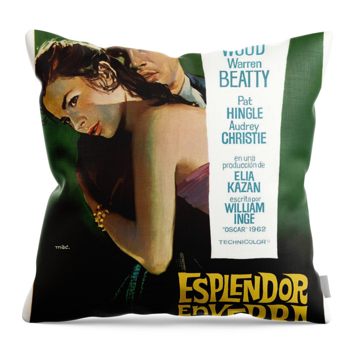 Mac Throw Pillow featuring the mixed media ''Splendor in the Grass'', 1961 - art by Macario Quibus by Movie World Posters