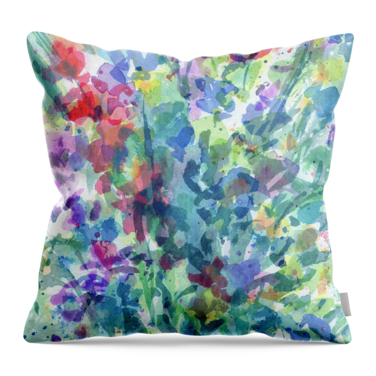 Abstract Flowers Throw Pillow featuring the painting Splish Splash Abstract Cool Flowers The Burst Of Multicolor Watercolor Contemporary I by Irina Sztukowski