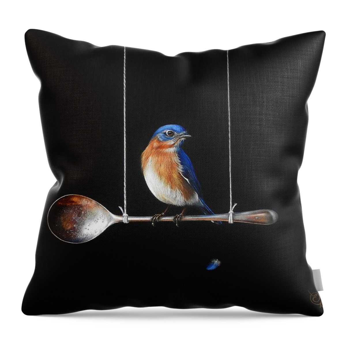 Bluebird Throw Pillow featuring the mixed media Spoon perch by Elena Kolotusha