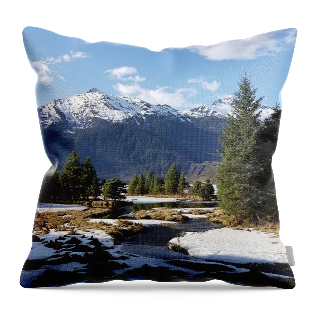 #alaska #juneau #ak #cruise #tours #vacation #peaceful #mendenhallglacier #glacier #capitalcity #snow #cold #clouds #postcard #mtmcginnis #dredgelakes #spring Throw Pillow featuring the photograph Spring at Mt. McGinnis by Charles Vice