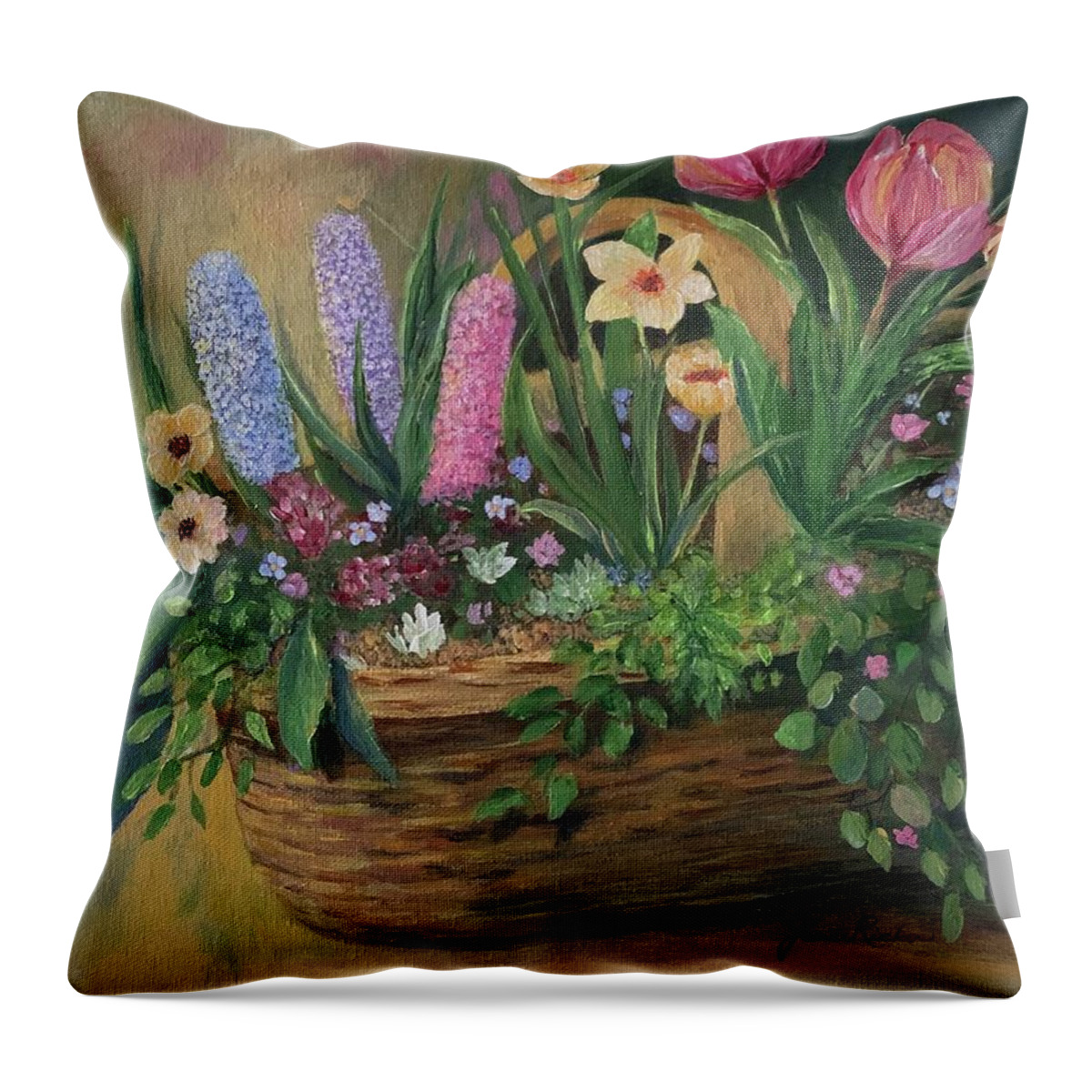Spring Throw Pillow featuring the painting Spring Basket by Jane Ricker