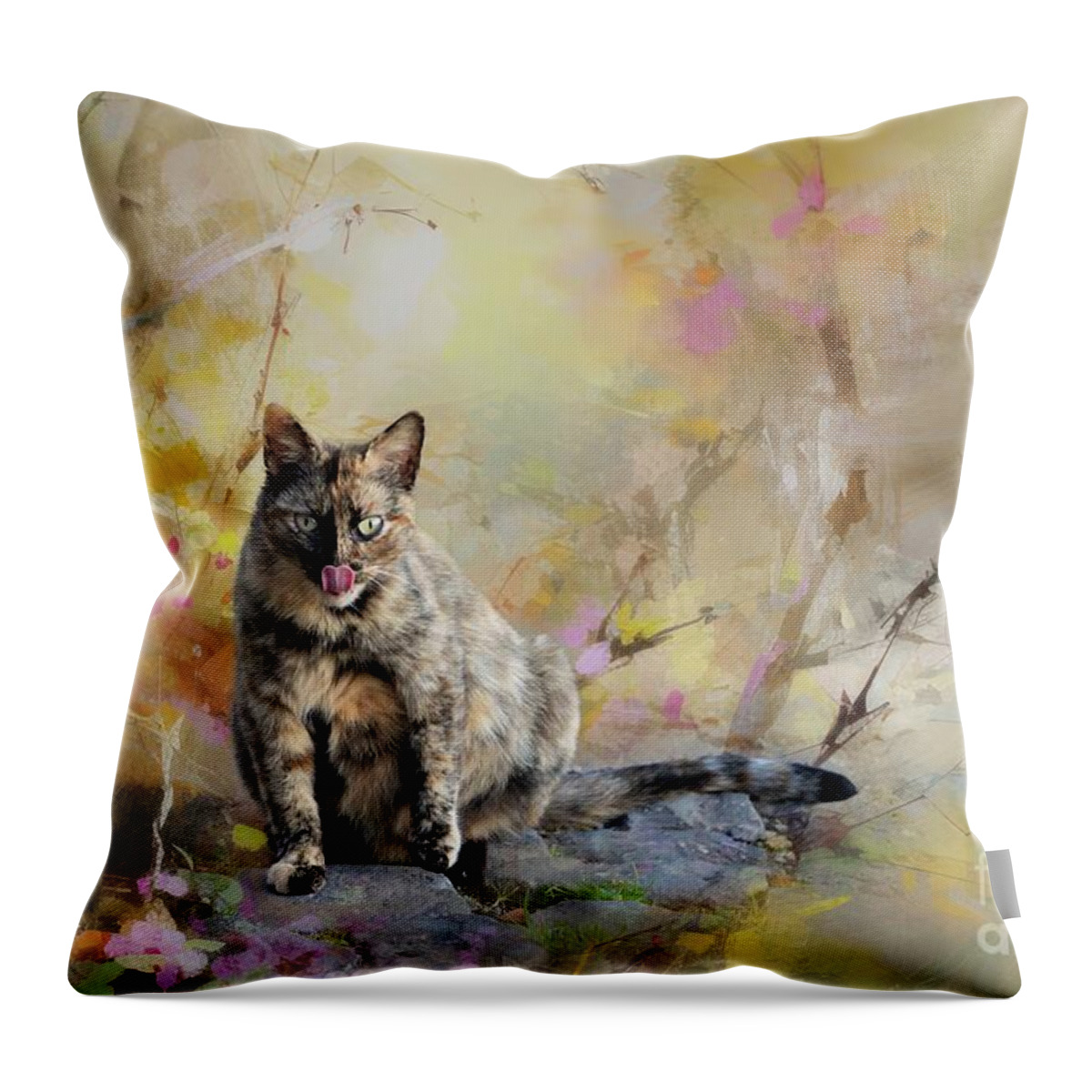 Cat Throw Pillow featuring the mixed media Spring Cat by Eva Lechner