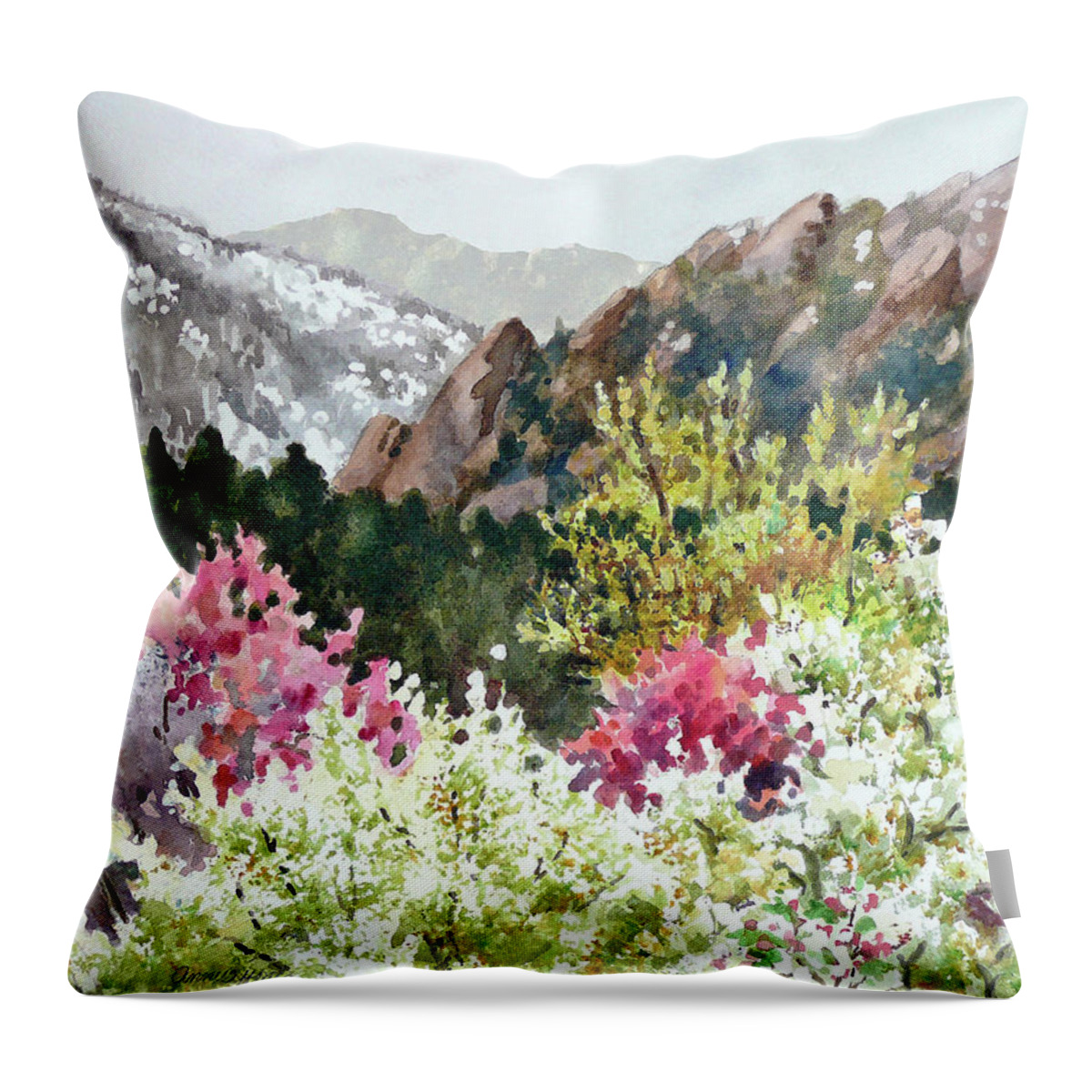 Colorado Mountains Painting Throw Pillow featuring the painting Spring Flatirons by Anne Gifford