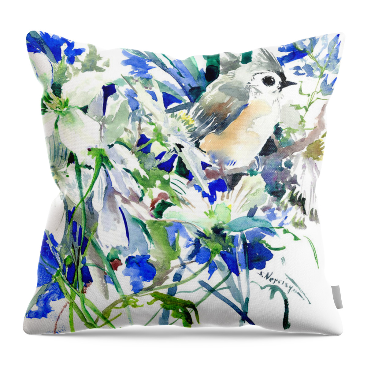 Floral Art Throw Pillow featuring the painting Spring Flowers and Titmouse by Suren Nersisyan