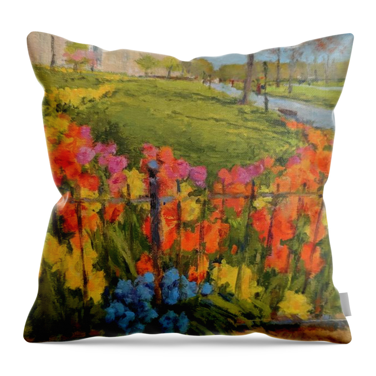 Flowers Throw Pillow featuring the painting Spring Flowers on West 81st Street by Peter Salwen