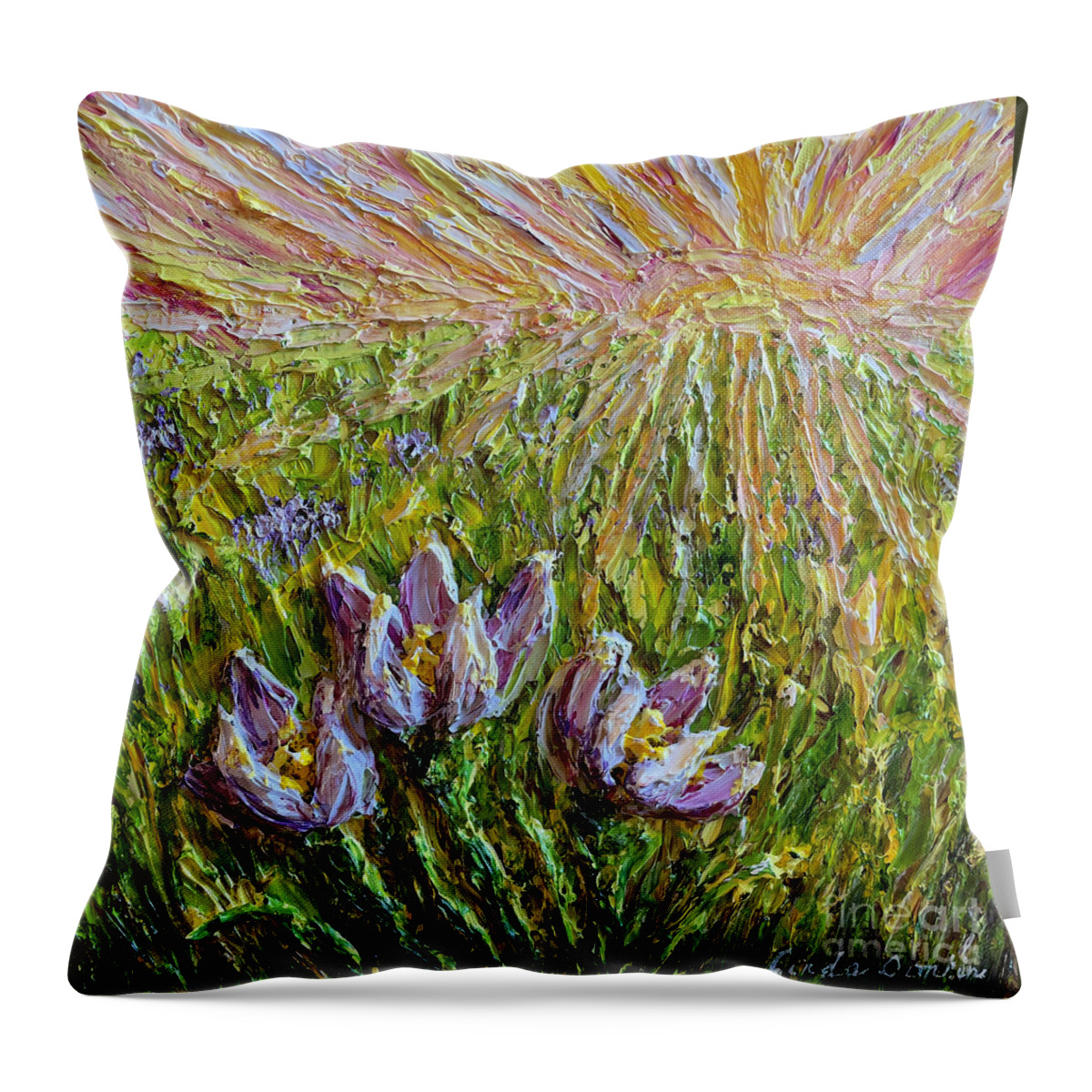 Crocus Throw Pillow featuring the painting Spring has Sprung by Linda Donlin