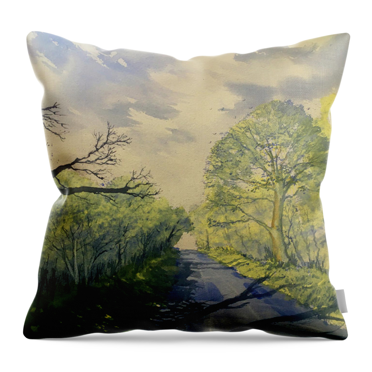 Watercolour Throw Pillow featuring the painting Spring Shadows on Woldgate by Glenn Marshall