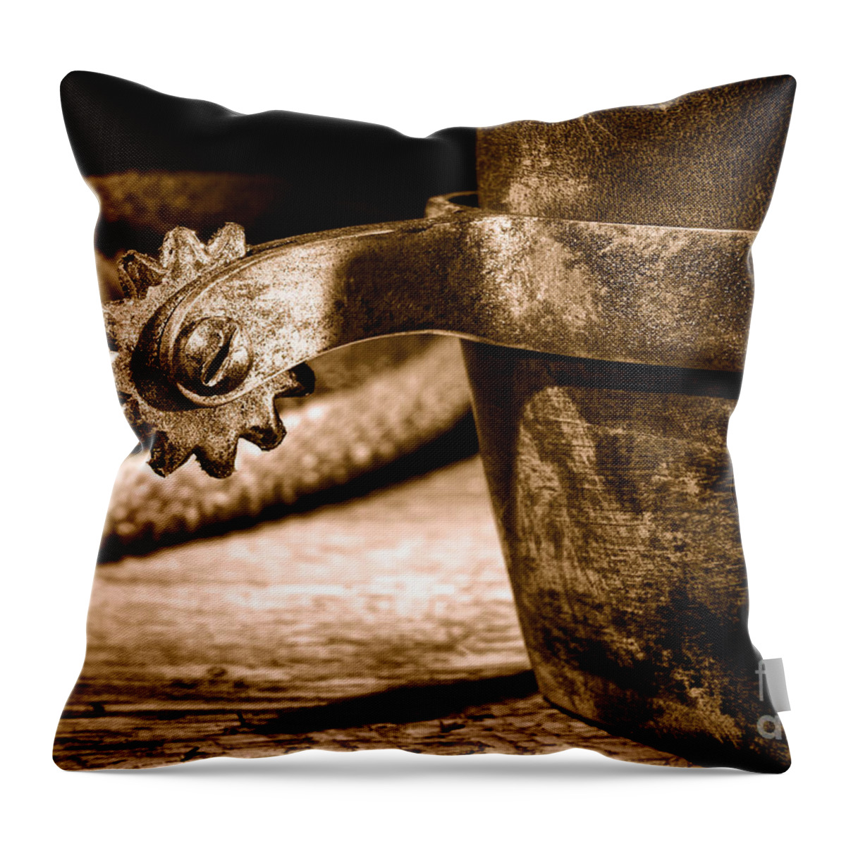 Rodeo Throw Pillow featuring the photograph Spur - Sepia by Olivier Le Queinec