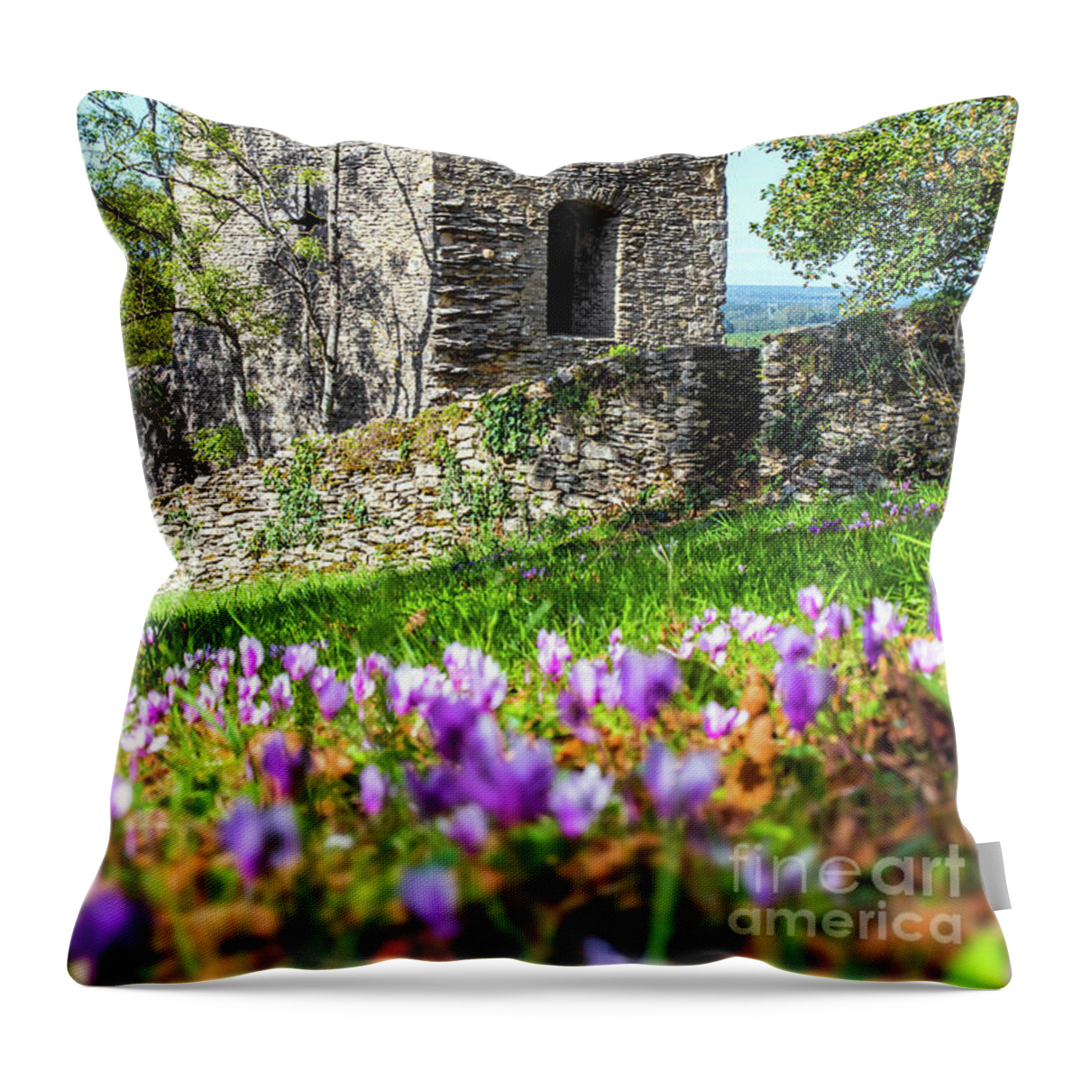 Tower Throw Pillow featuring the photograph Square stone tower along medieval rampart in flowered meadow by Gregory DUBUS