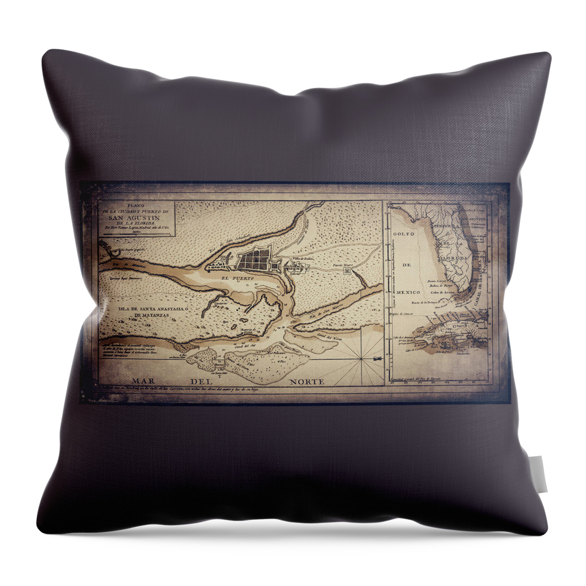 Florida Map Throw Pillow featuring the photograph St Augustine Florida Vintage City and Port Map 1783 Sepia by Carol Japp