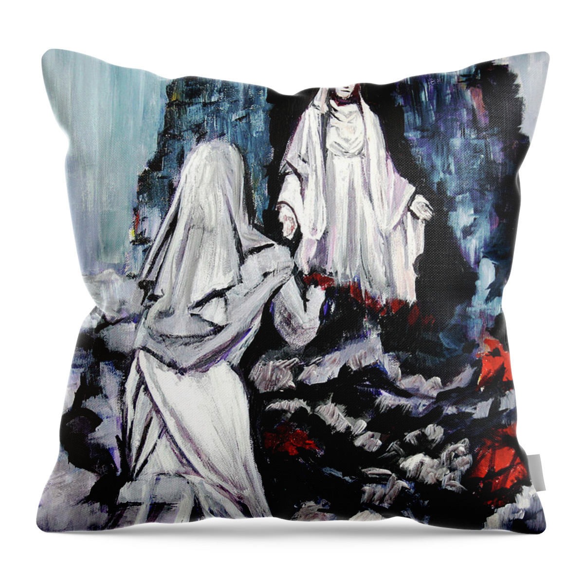 Saint Throw Pillow featuring the painting St Bernadette at the Grotto by Frank Botello