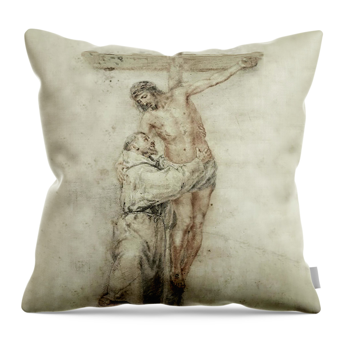 St. Francis Rejecting The World And Embracing Christ Throw Pillow featuring the digital art St. Francis Embracing Christ by Bartolome Esteban Murillo