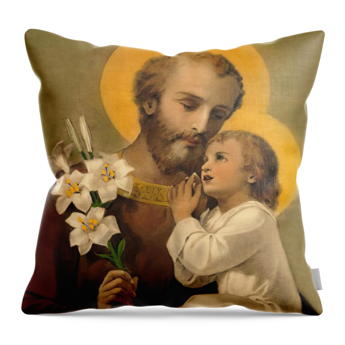 St Joseph Throw Pillow featuring the mixed media St Joseph and Jesus Lilies by Unk