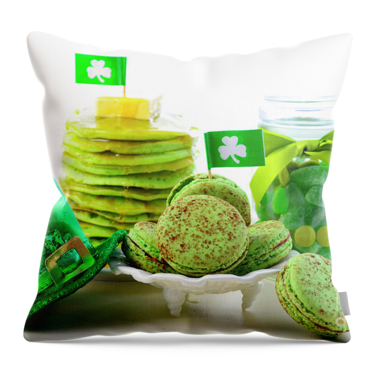 Biscuit Throw Pillow featuring the photograph St Patricks Day green party food. by Milleflore Images